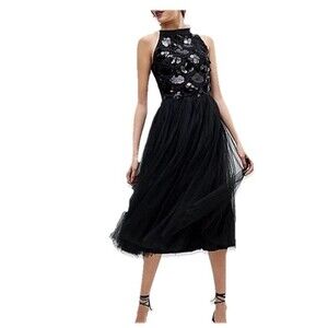 Asos Little Mistress Womens Black Sequin Midi Tulle Dress Sleeveless Prom Size 4